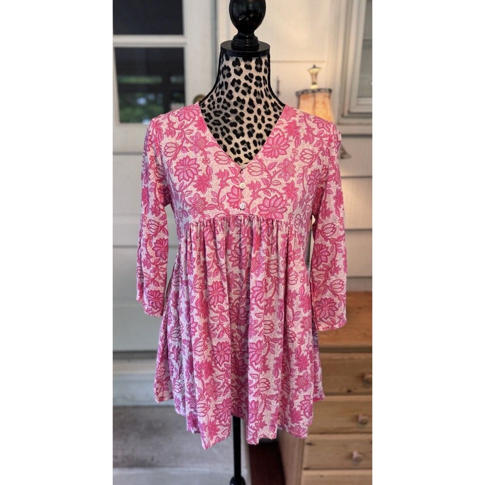 Fusion Boho Floral Blue 1/4 button 3/4 Sleeve Tunic Top Size-L Festival